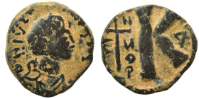 Justinian I, 527-565. Half Follis (bronze, 5.86 g, 21 mm), Theoupolis (Antioch). D N IVSTINIANVS P P AVG Diademed, draped and cuirassed bust of Justin...