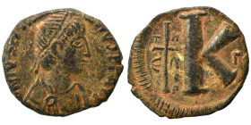 Justinian I, 527-565. Half Follis (bronze, 5.97 g, 24 mm), Theoupolis (Antioch). D N IVSTINIANVS P P AVG Diademed, draped and cuirassed bust of Justin...