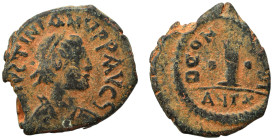 Justinian I, 527-565. Decanummium (bronze, 5.05 g, 22 mm), Theoupolis (Antioch). D N IVSTINIANVS P P AVG Diademed, draped and cuirassed bust of Justin...