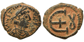 Justinian I, 527-565. Pentanummium (bronze, 2.18 g, 15 mm), Theoupolis (Antioch). D N IVSTINIANVS P P A Diademed, draped and cuirassed bust of Justini...