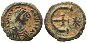 Justinian I, 527-565. Pentanummium (bronze, 1.87 g, 15 mm), Theoupolis (Antioch). D N IVSTINIANVS P P AVG Diademed, draped, and cuirassed bust of Just...