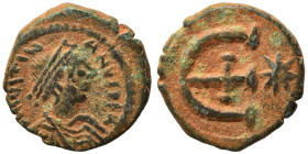 Justinian I, 527-565. Pentanummium (bronze, 2.59 g, 15 mm), Theoupolis (Antioch). D N IVSTINIANVS P P AVG Diademed, draped, and cuirassed bust of Just...
