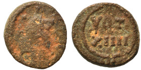 Justinian I, 527-565. Nummus (bronze, 0.61 g, 9 mm), Carthage. Diademed, draped and cuirassed bust to right. Rev. VOT XIII in two lines within linear ...