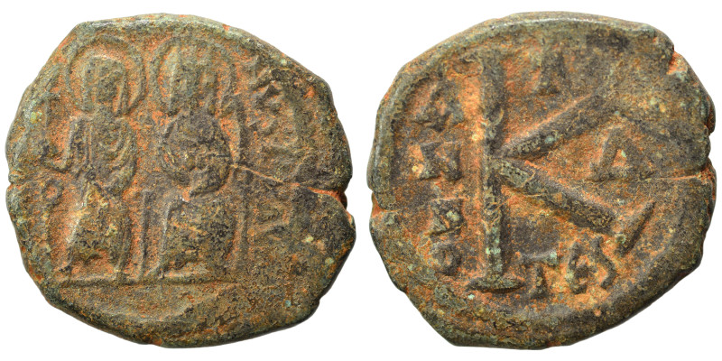 Justin II, with Sophia, 565-578 Half Follis (bronze, 5.03 g, 23 mm), Thessalonic...