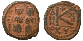 Justin II, with Sophia, 565-578. Half Follis (bronze, 6.01 g, 23 mm), Cyzicus. Justin, holding globus cruciger, and Sophia, holding cruciform scepter,...