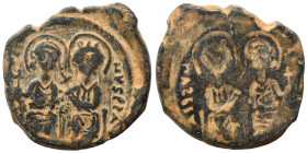 Justin II, with Sophia, 565-578. Brockage Half follis (bronze, 7.28 g, 24 mm), uncertain mint. Nimbate figures of Justin II and Sophia seated facing o...