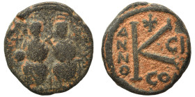 Justin II, with Sophia, 565-578. Half follis (bronze, 5.75 g, 20 mm), uncertain military mint, perhaps Constantine in Numidia. Justin II, holding glob...