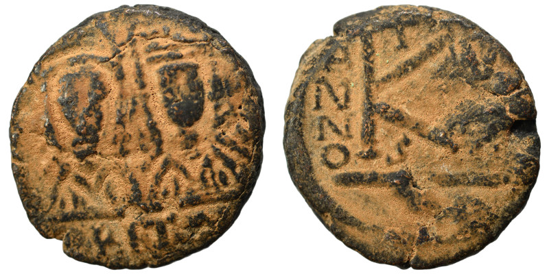 Justin II, with Sophia, 565-578. Half follis (bronze, 6.50 g, 20 mm), Carthage. ...