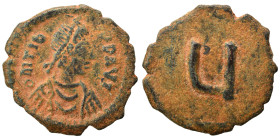 Tiberius II Constantine, 578-582. Pentanummium (bronze, 1.53 g, 17 mm), Constantinople. δ m Tib CON P P AVI Diademed, draped and cuirassed bust of Tib...