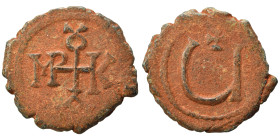Maurice Tiberius, 582-602. Pentanummium (bronze, 1.53 g, 16 mm), Theoupolis (Antioch). Monogram. Rev. Large Ч; above, cross. DOC -. SB 539. Very fine....