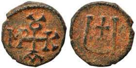 Maurice Tiberius, 582-602. Pentanummium (bronze, 1.23 g, 13 mm), Theoupolis (Antioch). Monogram. Rev. Large Ч; above, cross. DOC -. SB 539. Very fine....
