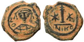 Maurice Tiberius, 582-602. Decanummium (bronze, 3.63 g, 19 mm), Nicomedia. Crowned and cuirassed bust facing. Rev. Large I; cross above, star to left ...