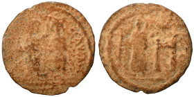 Maurice Tiberius, with Constantia and Theodosius, 582-602. Follis (bronze, 6.75 g, 29 mm), Cherson. Maurice and Constantina standing facing, nimbate, ...