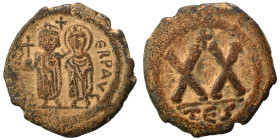 Phocas, with Leontia, 602-610. Half Follis (bronze, 5.88 g, 22 mm). Thessalonica. [OM FOCA] ЄRP AVG. Phocas, holding globus cruciger, and Leontia, hol...