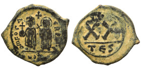 Phocas, with Leontia, 602-610. Half Follis (bronze, 4.35 g, 24 mm). Thessalonica. OM FOCA ЄRP AVG. Phocas, holding globus cruciger, and Leontia, holdi...