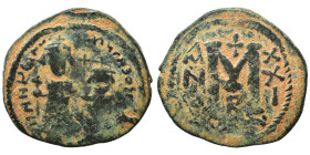 Heraclius, with Heraclius Constantine. 610-641. Follis (bronze, 8.93 g, 28 mm), Constantinople. Heraclius and Heraclius Constantine standing facing, b...