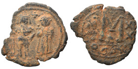 Heraclius, with Heraclius Constantine. 610-641. Follis (bronze, 10.12 g, 30 mm), Constantinople. Heraclius and Heraclius Constantine standing facing, ...