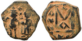 Heraclius, with Heraclius Constantine. 610-641. Follis (bronze, 6.67 g, 23 mm). Constantinople. Heraclius, holding long cross, and Heraclius Constanti...
