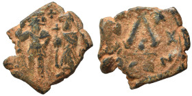 Heraclius, with Heraclius Constantine, 610-641. Three-Quarter Follis (bronze, 7.86 g, 24 mm), Constantinople. Crowned figures of Heraclius, holding lo...