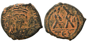 Heraclius, 610-641. Half follis (bronze, 5.51 g, 23 mm), Thessalonica. Draped and cuirassed bust of Heraclius facing, with short beard, wearing plumed...