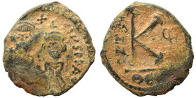 Heraclius, with Heraclius Constantine, 610-641. Half Follis (bronze, 4.51 g, 21 mm), Thessalonica. Heraclius, on the left, standing facing, wearing cr...