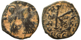 Heraclius, with Martina and Heraclius Constantine, 610-641. Half follis (bronze, 2.30 g, 18 mm), Thessalonica. Heraclius, in center, flanked by Martin...