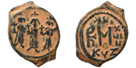 Heraclius, with Martina and Heraclius Constantine, 610-641. Follis (bronze, 6.62 g, 26 mm), Cyzicus. Heraclius between Martina, on left, and Heraclius...