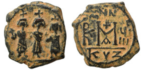 Heraclius, with Martina and Heraclius Constantine, 610-641. Follis (bronze, 5.27 g, 23 mm), Cyzicus. Heraclius between Martina, on left, and Heraclius...