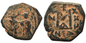 Heraclius, with Heraclius Constantine, 610-641. Follis (bronze, 4.44 g, 24 mm), Arab Byzantine war issue. Military mint in Palestine, likely Neapolis ...