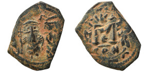 Constans II with Constantine IV, 641-668. Follis, 3.57 g, 23 mm). Constans II standing facing, with long beard, crowned and in military dress, holding...