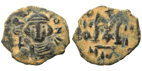 Constans II, 641-668. Follis (bronze, 3.71 g, 23 mm). Crowned, beardless and draped bust facing, holding globus cruciger in his right hand. Rev. Large...