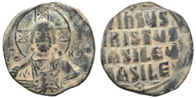 Anonymous, time of Basil II and Constantine VIII, 976-1028. Follis (bronze, 10.63 g, 28 mm), Constantinople. +EMMA-NOVHΛ bust of Christ facing, wearin...