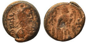 VANDALS. Thrasamund. 496-523. Nummus (bronze, 1.22 g, 9 mm), Carthage. Pearl-diademed, draped, and cuirassed bust right. Rev. Victory advancing left, ...