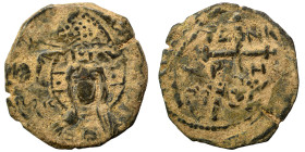 CRUSADERS. Principality of Antioch. Tancred, regent, 1101-1112. Follis (bronze, 4.32 g, 24 mm). Nimbate bust of Christ facing, holding book of Gospels...