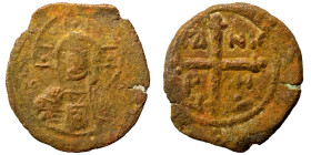 CRUSADERS. Principality of Antioch. Tancred, regent, 1101-1112. Follis (bronze, 2.57 g, 21 mm). Nimbate bust of Christ facing, holding book of Gospels...