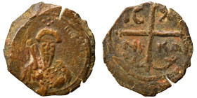 CRUSADERS. Principality of Antioch. Tancred, regent, 1101-1112. Follis (bronze, 3.77 g, 22 mm). Armored, bearded bust of Tancred facing, holding uprai...