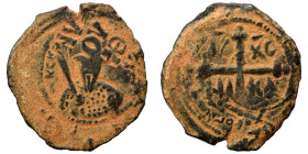 CRUSADERS. Principality of Antioch. Tancred, regent, 1101-1112. Follis (bronze, 3.76 g, 24 mm). Armored, bearded bust of Tancred facing, holding uprai...