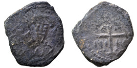CRUSADERS. Principality of Antioch. Tancred, regent, 1101-1112. Follis (bronze, 3.37 g, 23 mm). Armored, bearded bust of Tancred facing, holding uprai...