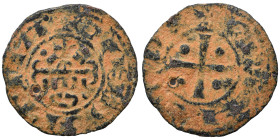 CRUSADERS. Principality of Antioch. Raymond of Poitiers, 1136-1149. Fractional Denier (bronze, 0.97 g, 18 mm). +PRINCEPS Cross pattée with pellet in e...