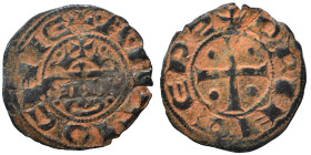 CRUSADERS. Principality of Antioch. Raymond of Poitiers, 1136-1149. Fractional Denier (bronze, 0.96 g, 17 mm). +PRINCEPS Cross pattée with pellet in e...