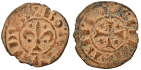CRUSADERS. Antioch. Bohémond IV, 1201-1233. Pougeoise (bronze, 1.05 g, 17 mm). +BOAMVNDVS Fleur-de-lis with seriffed foot surrounded by four stars. Re...