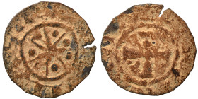CRUSADERS, County of Tripoli. Bohémond V. 1233-1251. BI Denier (billon, 0.42 g, 15 mm +BAMVND CONS Cross pattée; triple pellets in second quarter. Rev...