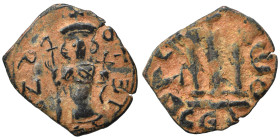 Arab Byzantine. Umayyad Caliphate, circa 641-660 AD. Fals (bronze, 1.63 g, 20 mm). Pseudo-Byzantine type, imitating the types of Constans II. Standing...