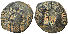 Anatolia & al-Jazira (Post-Seljuk). Zangids (Syria). Fals (bronze, 4.37 g, 24 mm), Halab. Two Imperial figures standing facing, holding between them p...