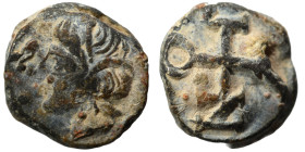 Byzantine seal (lead, 3.57 g, 12 mm). Female bust left. Rev. Monogram. Nearly very fine.