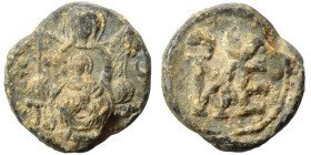 Byzantine seal (lead, 3.80 g, 15 mm). The Virgin Mary seated facing on throne, holding Holy Infant. Rev. Monogram. Nearly very fine.