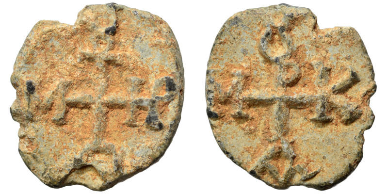 Byzantine seal (lead, 5.17 g, 20 mm). Monogram. Rev. Monogram. Nearly very fine.