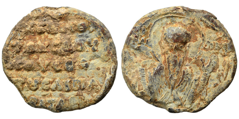 Byzantine seal (lead, 8.37 g, 22 mm). Bust of saint facing. Rev. Legend in five ...