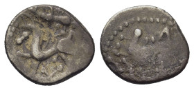 Central Gaul. Bituriges Cubi, c. 70-50 BC. AR quinarius (7mm, 1.9g). Celticized male head with thick locks to l. R/ Celticized horse prancing to left,...
