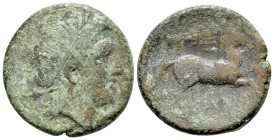 Italy, Apulia, Salapia, c. 225-210 BC. Æ (20mm, 7.24g, 3h). Laureate head of Apollo to right, quiver over shoulder. R/ Horse galloping to right; tride...
